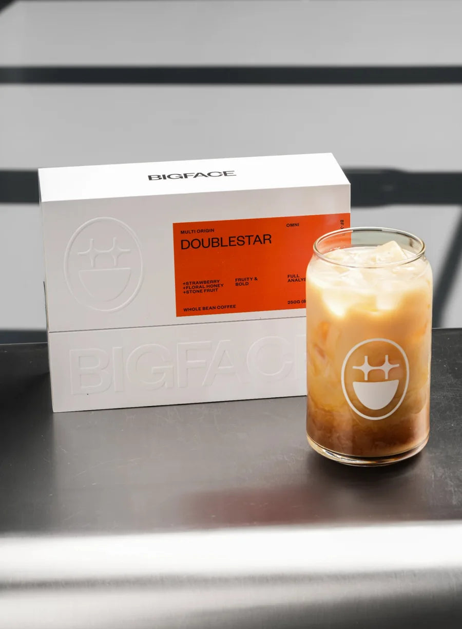 BIGFACE Doublestar box with an iced latte