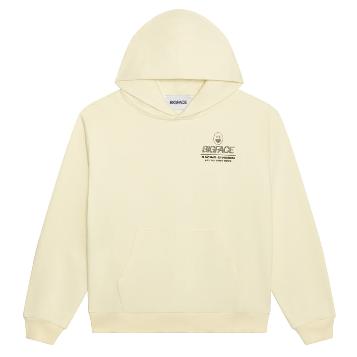 Beige hoodie with a BIGFACE logo on the chest area against a white background