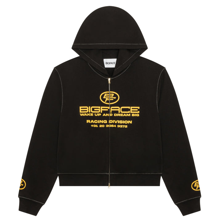Black hoodie with yellow BIGFACE branding on a white background