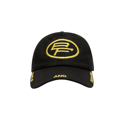 Black cap with yellow logo and text on a white background