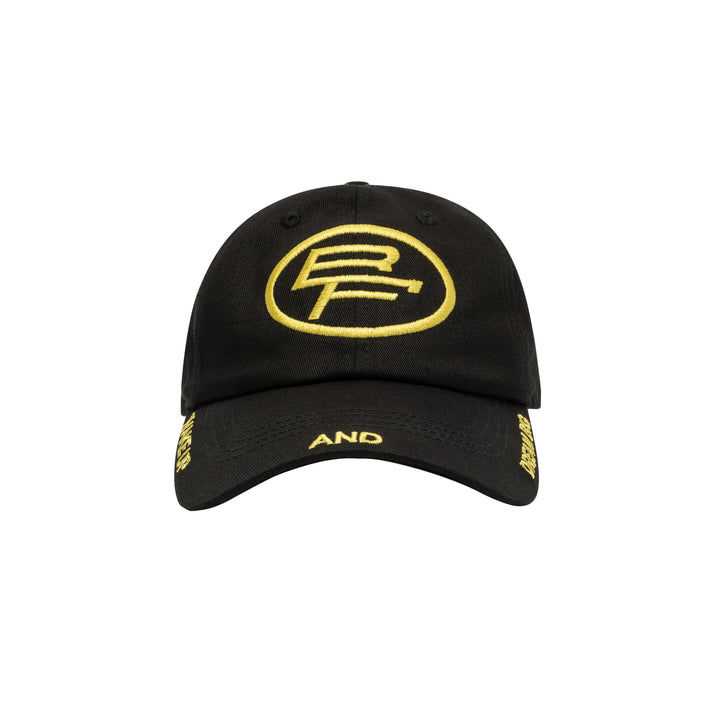 Black cap with yellow logo and text on a white background