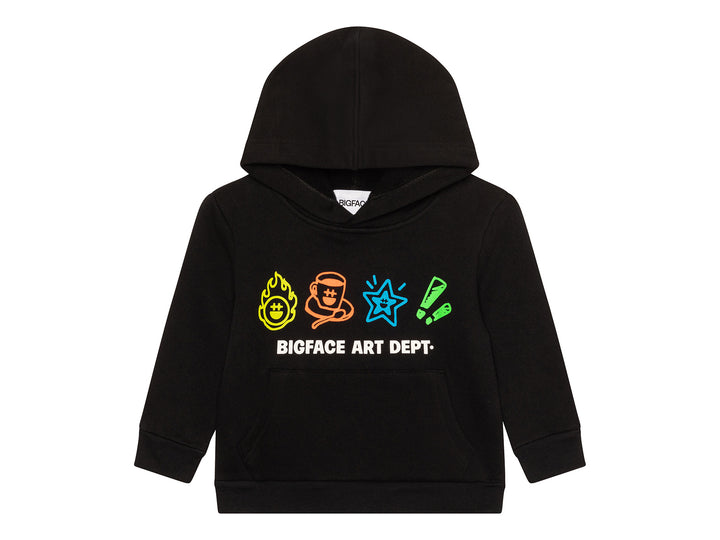 LITTLEFACE by BIGFACE kids Art Dept. black hoodie with colorful neon graphics, front view
