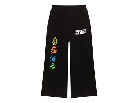 LITTLEFACE by BIGFACE kids Art Dept. black wide-leg sweatpants with neon graphics, front view