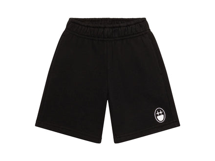 LITTLEFACE by BIGFACE kids black cotton fleece shorts with smiley face logo, front view