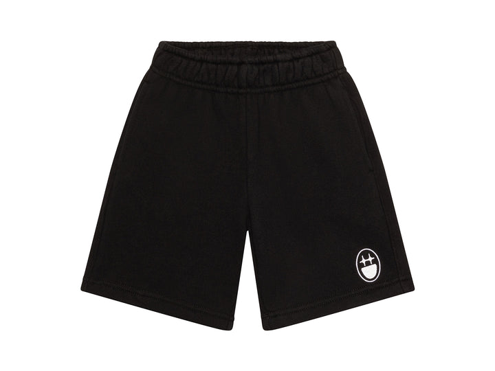 LITTLEFACE by BIGFACE kids black cotton fleece shorts with smiley face logo, front view