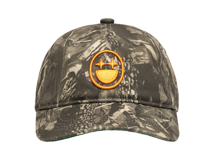 LITTLEFACE by BIGFACE kids camo hat with orange embroidered smiley face logo, front view