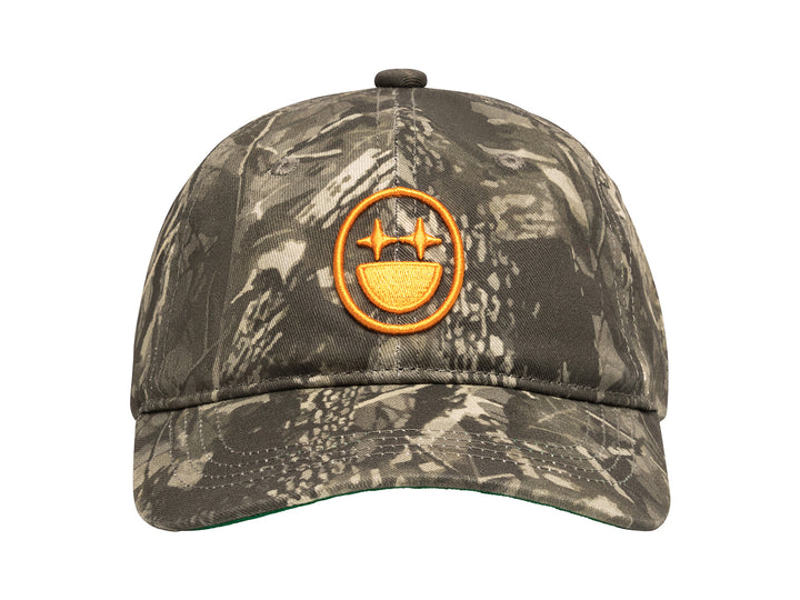 LITTLEFACE by BIGFACE kids camo hat with orange embroidered smiley face logo, front view