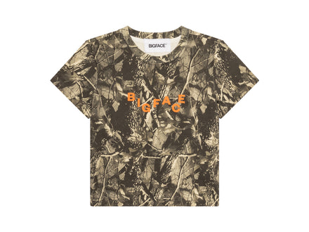 LITTLEFACE by BIGFACE kids camo cotton t-shirt with orange BIGFACE logo, front view