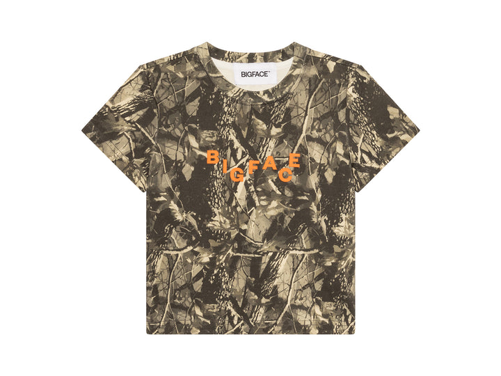 LITTLEFACE by BIGFACE kids camo cotton t-shirt with orange BIGFACE logo, front view