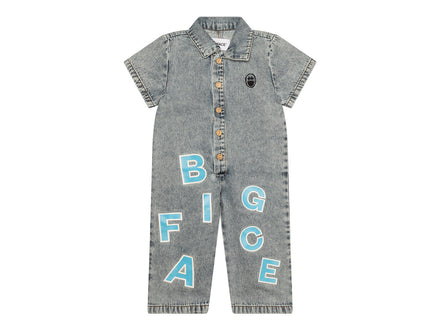LITTLEFACE by BIGFACE kids denim jumpsuit with blue BIGFACE lettering and smiley patch, front