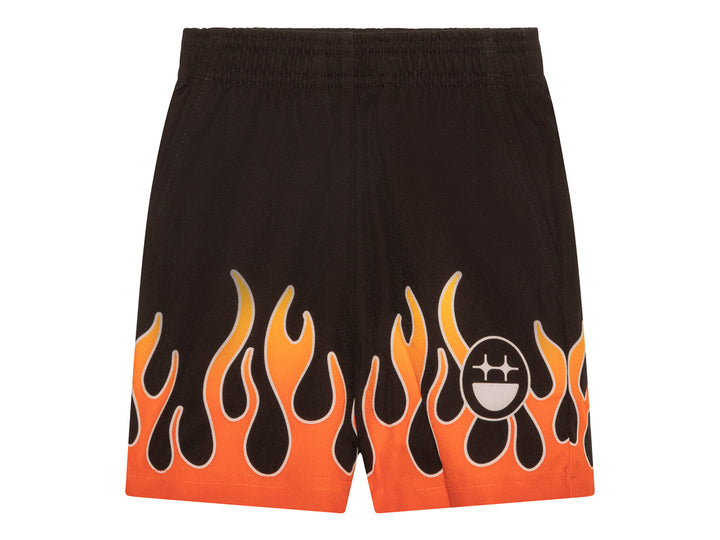 LITTLEFACE by BIGFACE kids black shorts with orange flame print and smiley logo, front view